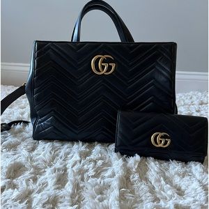 Black Leather Gucci Marmont bag and matching wallet